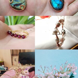 Puede incluir: Una colecci&oacute;n de joyas hechas a mano con piedras, perlas y cuentas envueltas en alambre. Las joyas incluyen un collar con dije, un anillo, una pulsera y dos pinzas para el cabello.