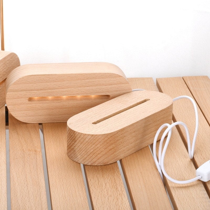 14.5cm Oval Design Solid Wood Luminous Base LED Night Light Ornament Light Wood Base- USB Cable