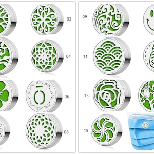 May include: Fifteen round, silver-coloured, decorative metal discs with green designs. The designs include a tree, a flower, a pineapple, a smiley face, and various abstract patterns. The discs are arranged in rows of three, with a blue surgical mask with a tree design in the bottom right corner.