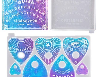 2 pacotes de moldes de fundição de resina epóxi de silicone gótico para jogo de tabuleiro Ouija, artesanato DIY, fabricação de joias-placa Ouija e moldes de resina de planchette