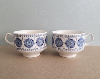 2 Pontesa Granada Spain Blue Geometric Genuine Ironstone Tea Cup Mugs