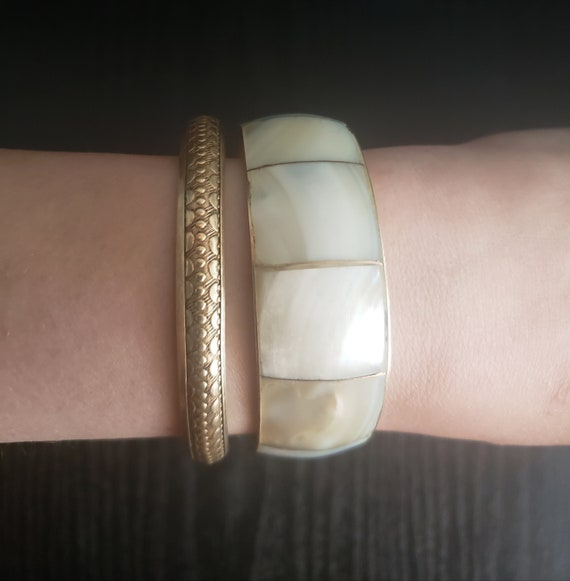 Wide Mother of Pearl Bangle and Thin Brass Bangle… - image 3