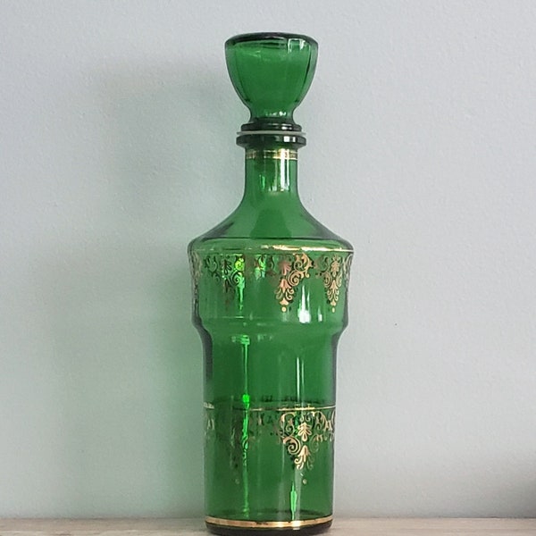 Italian Cristallerie Artistiche Green Glass & Gold Decorated Decanter