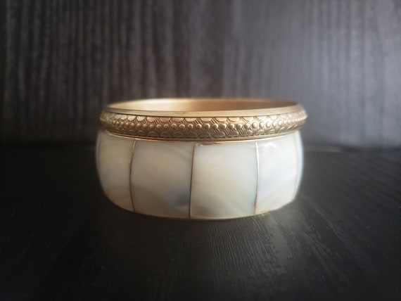 Wide Mother of Pearl Bangle and Thin Brass Bangle… - image 2