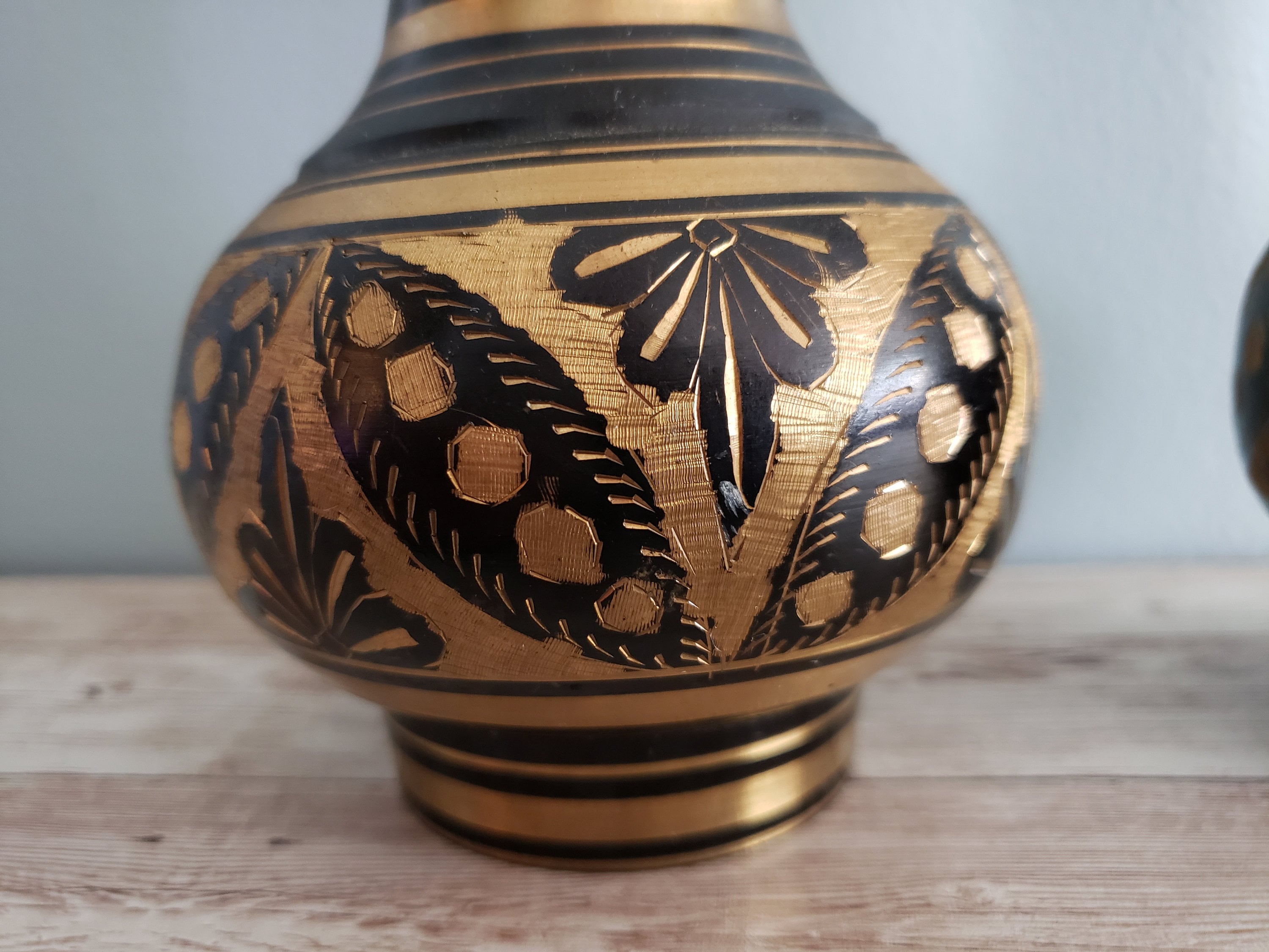 Carved Gold Tone and Black Vase Set Solid Brass Metal Floral Etsy