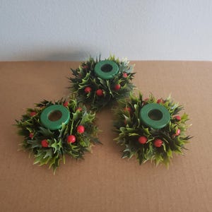 Plastic Holly Leaves and Berries on Wooden Candle Holders - set of 3