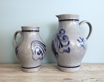2 Marzi & Remy Blue Salt Glaze Germany Pottery Stoneware Pitchers