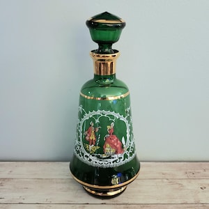 Bohemian Emerald Green Glass Gilded Handpainted Floral Decanter