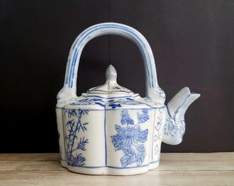 Chinese Blue and White Small Single Serve Teapot with Hand-painted Faces