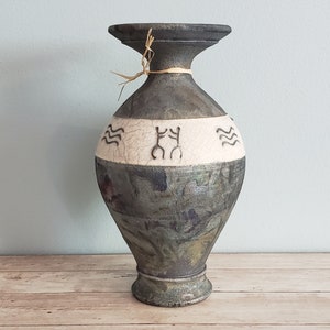 Raku Volcano Fire Artist Signed Pottery Vase with Petroglyph