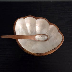 May include: A decorative shell-shaped bowl with a wooden rim and a matching wooden spoon. The bowl's interior has a pearlescent, white surface. The spoon rests inside the bowl, suggesting a serving or display item.