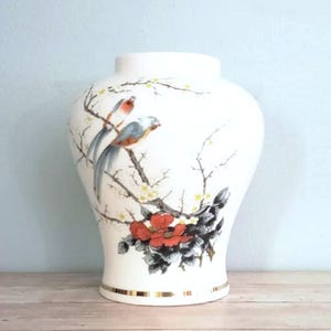 Fine China Jay Japan Oriental Blue Parrots on Cherry Blossoms Branch Vase