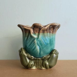 RARE Majolica Lily Pad Flower & Frogs Vase Planter Drip Glazed Pottery