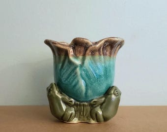 RARE Majolica Lily Pad Flower & Frogs Vase Planter Drip Glazed Pottery