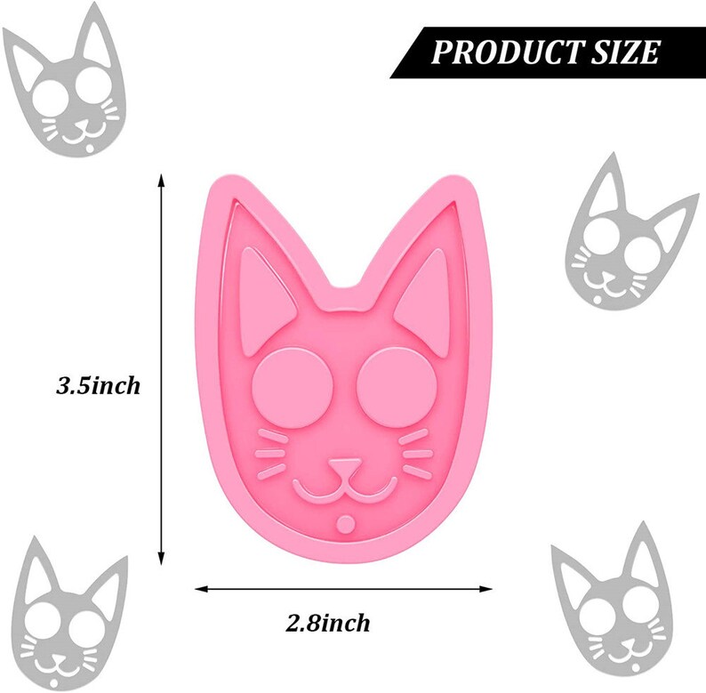 Op de afbeelding: Een roze katvormige mal, 8,9 cm hoog en 7,1 cm breed, met grote ronde ogen en een kleine neus. De woorden "PRODUCT SIZE" staan in een zwarte banner bovenaan. Verschillende grijze kattengezichtomtrekken omringen de hoofdvorm.