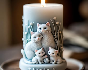Cat Family 3D Silicone Candle Mold - Four Kittens with Knitted Ball and Dandelion Relief, Heat-Resistant Home Aromatherapy DIY Tool