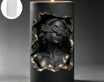 3D Relief Sexy Girl with Her Eyes Covered by a Light Veil Cylindrical Candle Mold, Artistic Engraving Gold-Plated Silicone Mold