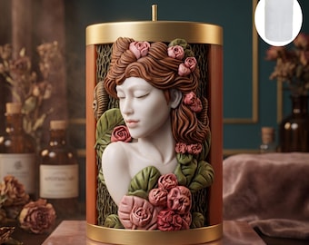 Portrait Floral Vintage Rose Goddess Embossed Cylinder Candle Mold