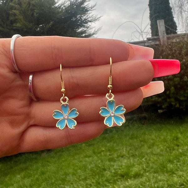 Light blue flowers and hearts gold plated hearts funky wacky jewellery handmade made cool gift present sweet cute petal earrings