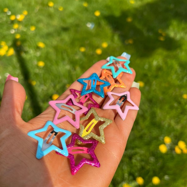 Stars random glitter and pastel cute 12 pcs hairclips 90s 80s style weird wacky funky banana apple clips hair accessories pack of 12