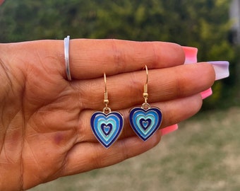 Quirky 70s dark blue light blue  gold plated hearts funky wacky jewellery handmade made cool gift present sweet cute petal earrings