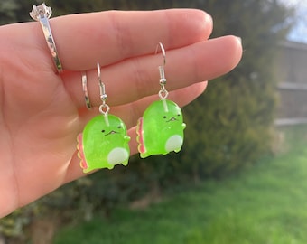 Green and pink weird wacky Dino Dinosaurs sweet cute gift present weird funny dangle drop earrings jewellery statement Knick knacks