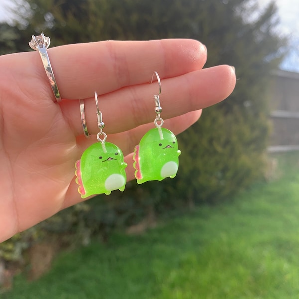 Green and pink weird wacky Dino Dinosaurs sweet cute gift present weird funny dangle drop earrings jewellery statement Knick knacks