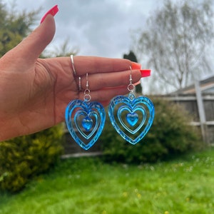 Quirky 70s blue GIANT BIG 3D ACRYLIC hearts funky wacky jewellery handmade made cool gift present sweet cute petal earrings
