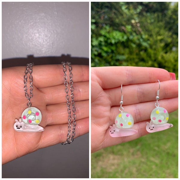 Rainbow pink snails set necklace weird wacky  sweet cute gift present weird funny dangle drop earrings jewellery statement Knick knacks