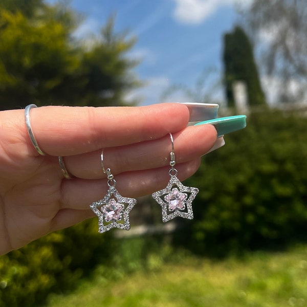 Quirky silver plated light pink sparkly flatback stars funky wacky jewellery handmade cool gift present sweet cute petal earrings