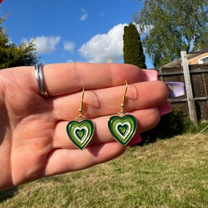 70s Green Heart Earrings: Gold Plated Funky Jewelry