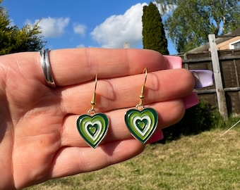 Quirky 70s green lime gold plated hearts funky wacky jewellery handmade made cool gift present sweet cute petal earrings