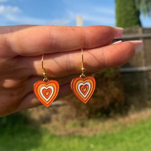 Quirky 70s orange gold plated hearts funky wacky jewellery handmade made cool gift present sweet cute petal earrings