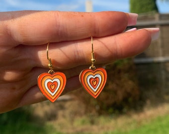 Quirky 70s orange gold plated hearts funky wacky jewellery handmade made cool gift present sweet cute petal earrings