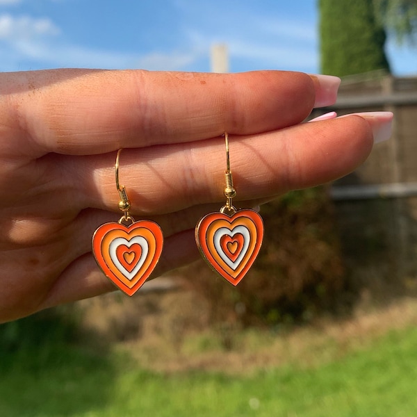 Quirky 70s orange gold plated hearts funky wacky jewellery handmade made cool gift present sweet cute petal earrings