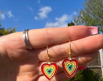 Quirky 70s rainbow gold plated hearts funky wacky jewellery handmade made cool gift present sweet cute petal earrings