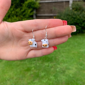 Mini cow animal creature  sweet cute gift present weird funny dangle drop earrings jewellery friend unisex