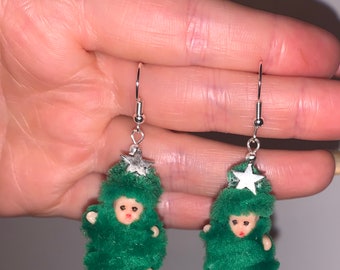 Baby Xmas silver tree Christmas Y2K funky earrings gifts presents quirky cartoon kid doll funky weird crazy funny lgbt
