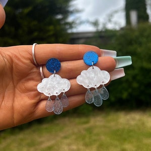 Cloud rain dangle acrylic studs water wacky weird funky earrings jewellery handmade gift present made