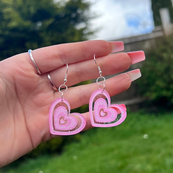 Quirky 70s light pink BIG 3D ACRYLIC hearts funky wacky jewellery handmade made cool gift present sweet cute petal earrings