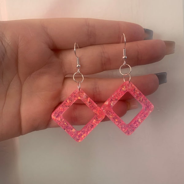 Super cute pink glitter square pastel cool wacky funky earrings jewellery handmade made gifts presents girl boy unisex accessories stars