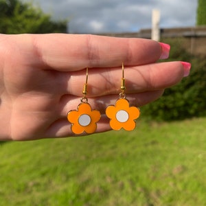 Quirky 70s orange gold plated flowers funky wacky jewellery handmade made cool gift present sweet cute petal earrings