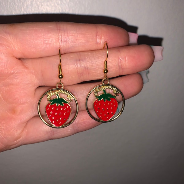 Gold plated fruit strawberries cute funky fruit gift weird cute quirky funky odd  lemon fruit sweet resin earrings Y2K quirky