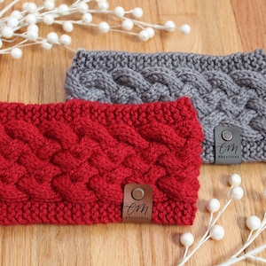 Hand Knit Ear Warmer, Cable Knit Headband, Red Ear Warmer, Light Gray Ear Warmer, Winter Accessory, Stocking Stuffer for Her