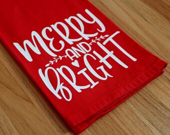 Merry and Bright Christmas Kitchen Towel, Red Christmas Kitchen Towel, Kitchen Decor, Holiday Kitchen Towel, Kitchen Christmas Gift for Her