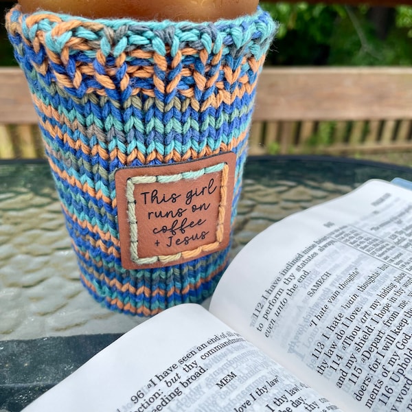 This Girl Loves Coffee and Jesus Cup Sleeve, Iced Coffee Cup Sleeve, Hand Knit Cup Cozie, Gift for Coffee Lover, Christian Coffee Gift