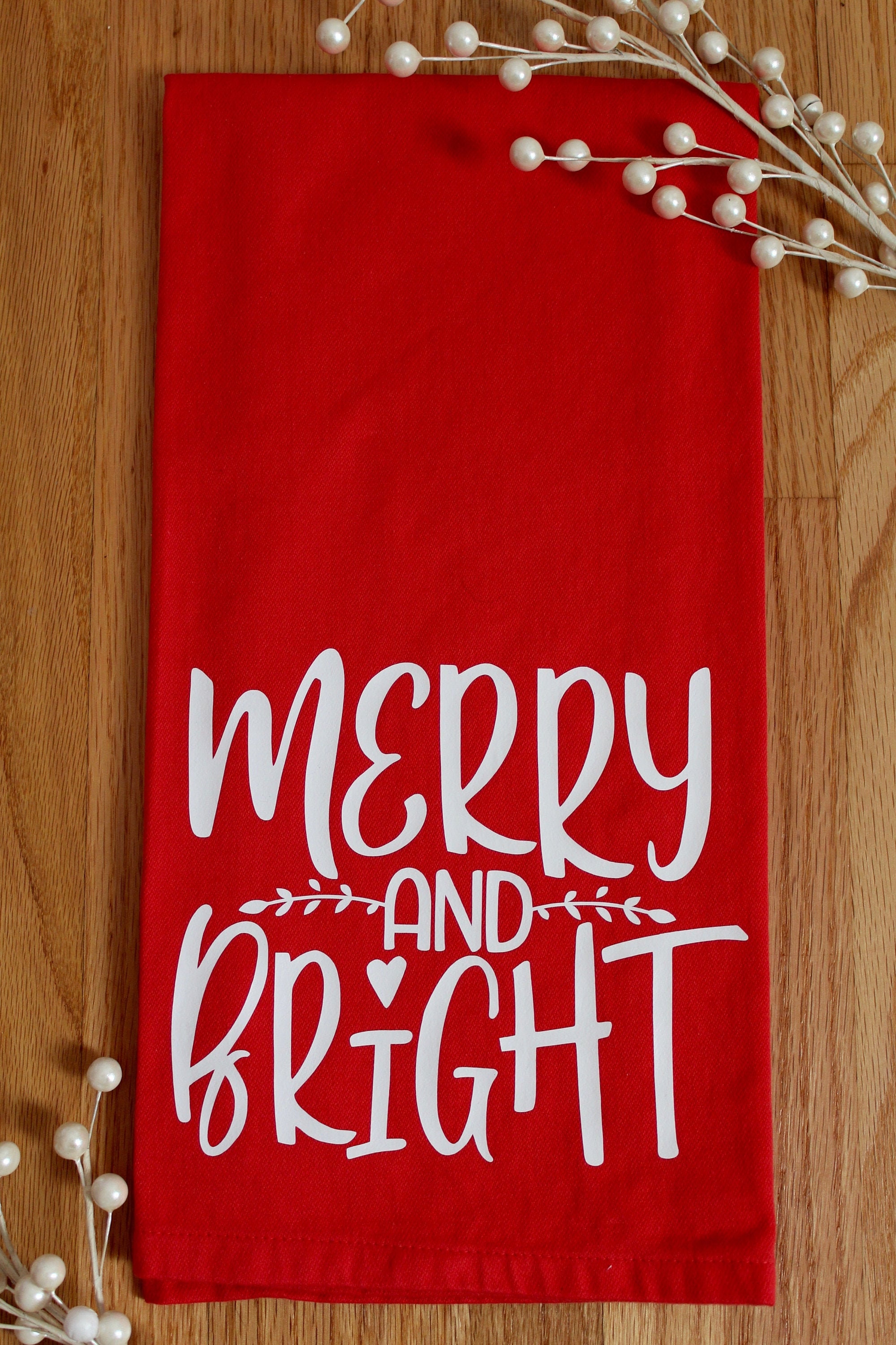 Merry and Bright Christmas Kitchen Towel, Red Christmas Kitchen Towel