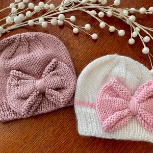 Hand Knit Baby Hat with Bow, Knit Baby Beanie, Newborn Hat, Blush Pink Baby Hat, White and Pink Baby Beanie, Baby Bonnet, Newborn Photo Hat