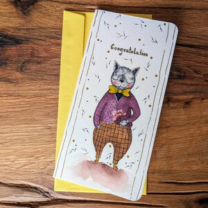 Handgeschilderde felicitatiekaart met schattige kat - origineel ontwerp, gepersonaliseerde wensen, kaart voor dierenliefhebber