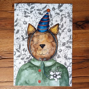 Compleanno del ragazzo, ritratto originale del gatto, illustrazione per un regalo di compleanno per fidanzato o papà, dipinto da collezione